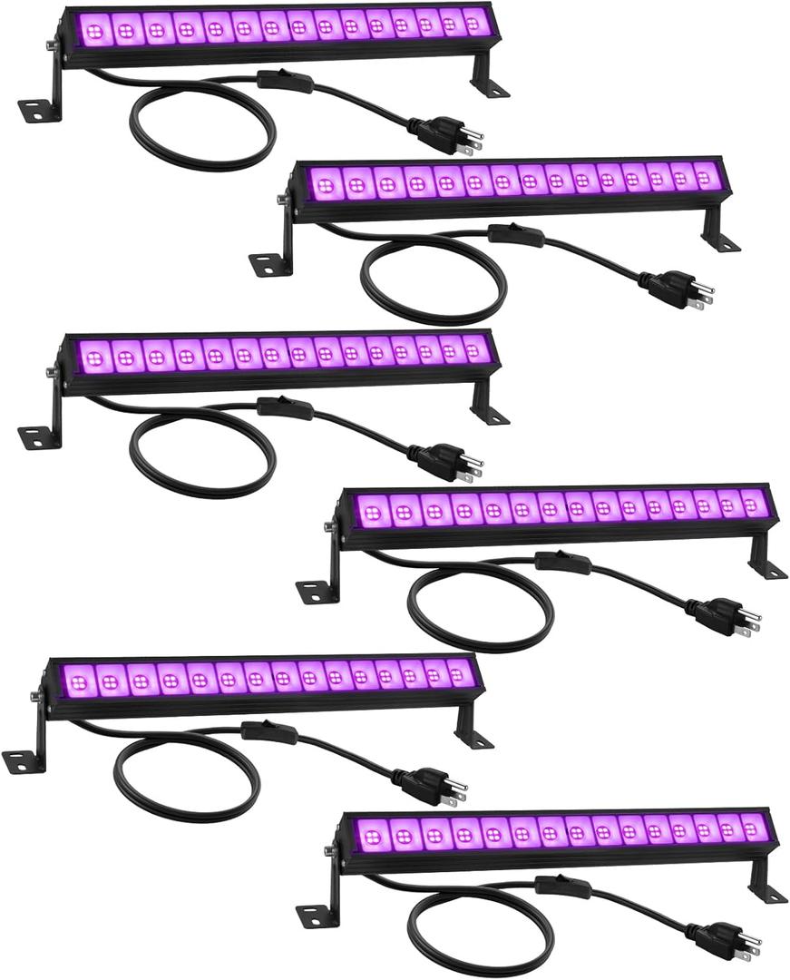 38W LED Black Light Bar (6-Pack) - High Power UV Blacklight with Plug & Switch, Covers 484 Sq.Ft for Glow Parties, Halloween Decorations, Stage & Bedroom Lighting