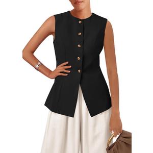 KIRUNDO Blazer Vest for Women Trendy 2025 Dressy Business Casual Summer Button Down Sleeveless Work Suit Waistcoat Tops (X-Large, Black)
