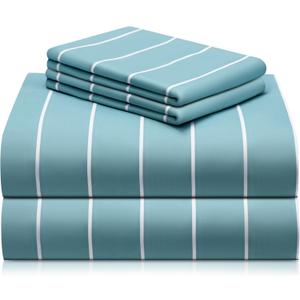 LuxClub 4 PC Queen Size Sheet Set Bed Sheets, Breathable Luxury, Deep Pockets 18" Wrinkle Free Cooling Machine Washable Hotel Bedding (Striped Light Blue)