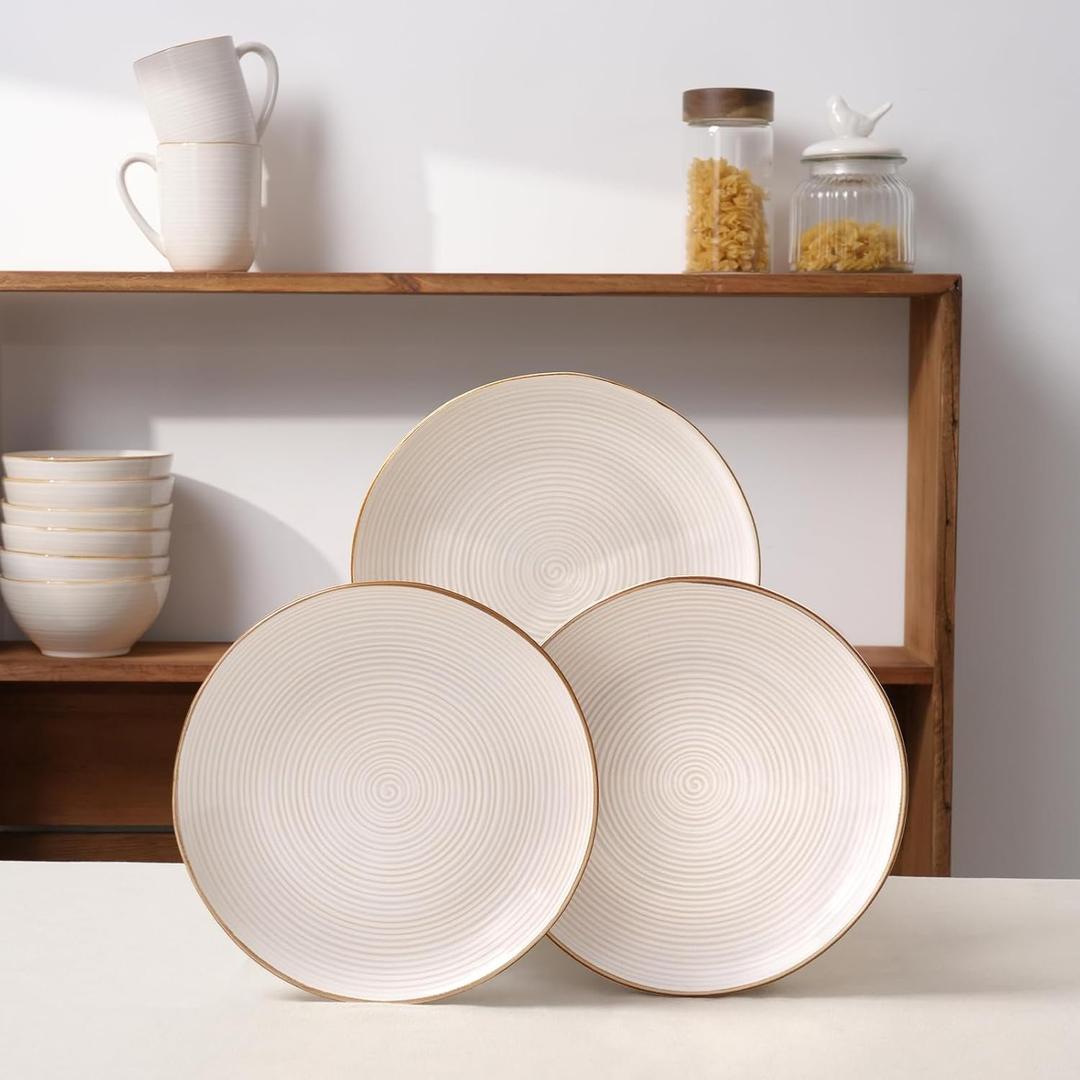 famiware Plates 4 Pieces Stoneware Dinnerware Sets, Dishes Set, Reactive Glaze Dishware Sets, Dishwasher & Microwave Safe, Tempus Series - Antique White