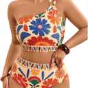 SOLY HUX Plus Size Bikini Sets for Women Floral Print One Shoulder High Waisted Bathing Suit Two Piece Swimsuit (4X-Large Plus, Multicoloured Flower)