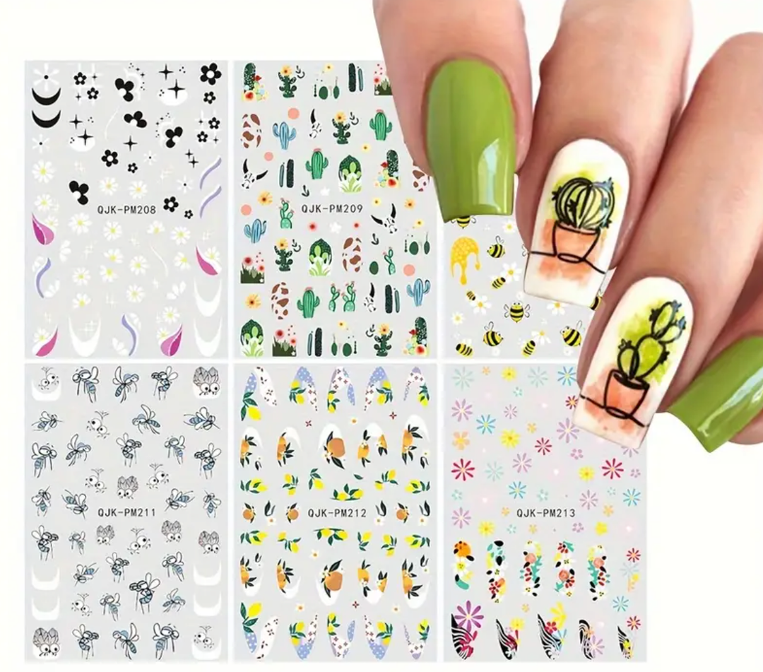 Summer Nail Art Stickers - Colorful Daisy, Bee, Cactus & Fruit Cartoon Designs, Self-Adhesive Glossy Plastic Decals for Women & s, Vibrant Nail Decorations, Nail Stickers for Nail Art, Casual Manicure, Playful Motifs, Singleuse Decals