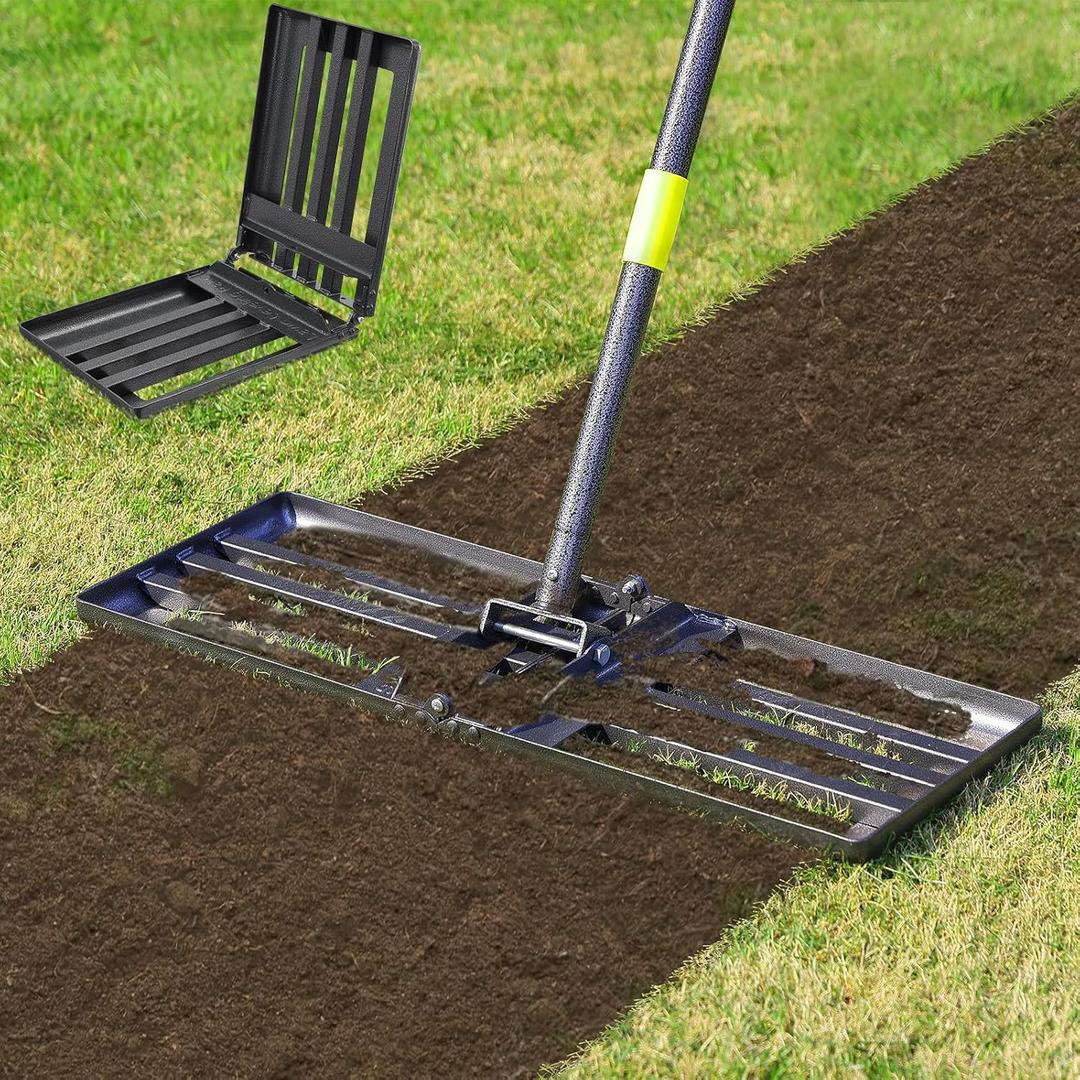 Lawn Leveling Rake,Folding 30x10 Inch Ground Plate,56 Inch Adjustable Long Handle Yard Level Tool with Curved Edge,Heavy Duty Landscaping Lawn Leveler for Grass, Golf Field, Soil Sand Dirt Spreader