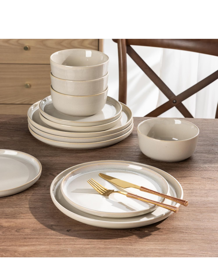 AmorArc Stoneware Dinnerware Sets for 4,Round Reactive Glaze Ceramic Plates and Bowls Set,Highly Scrath Resistant | Dishwasher & Microwave Safe Dishes Set,Service for 4 (12pc)