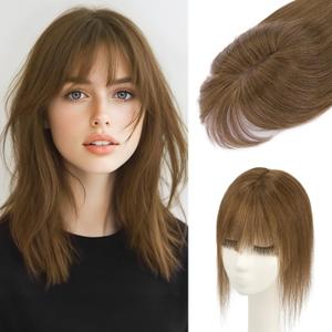 S-noilite Hair Toppers for Women Real Human Hair, 100% Real Human Hair Toppers with Bangs for Women with Thin Hair,2.25"*6" Lace Silk Base 8 inch Medium Brown