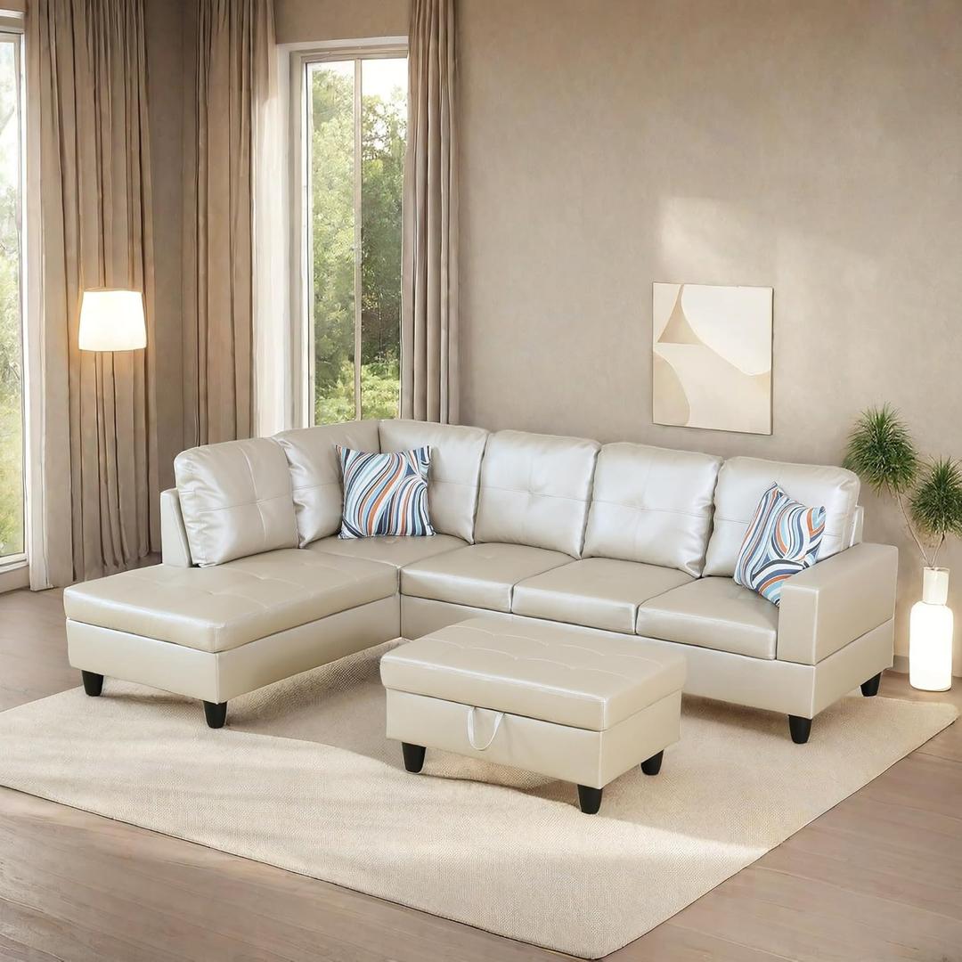 L Shaped Sectional Sofa with Ottoman,Leather Right Facing Modern Couches with Cup Holder for Living Room, Bedroom, Office, Glistening White