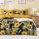 Wake In Cloud - Boho Comforter Set, Floral Farmhouse Bohemian Chic Style with Colorful Sunflowers and Birds Pattern, Soft Lightweight Bedding, 3 Pieces, Amber Black, Queen Size
