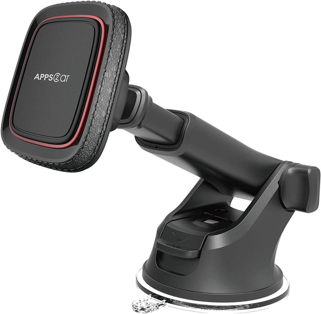 APPS2Car Magnetic Phone Mount for Car, Dashboard & Windshield Suction Cup Holder with Telescopic Arm, Requires Metal Plate (Included), Universal Fit for iPhone & Android Smartphones (Black-Red)