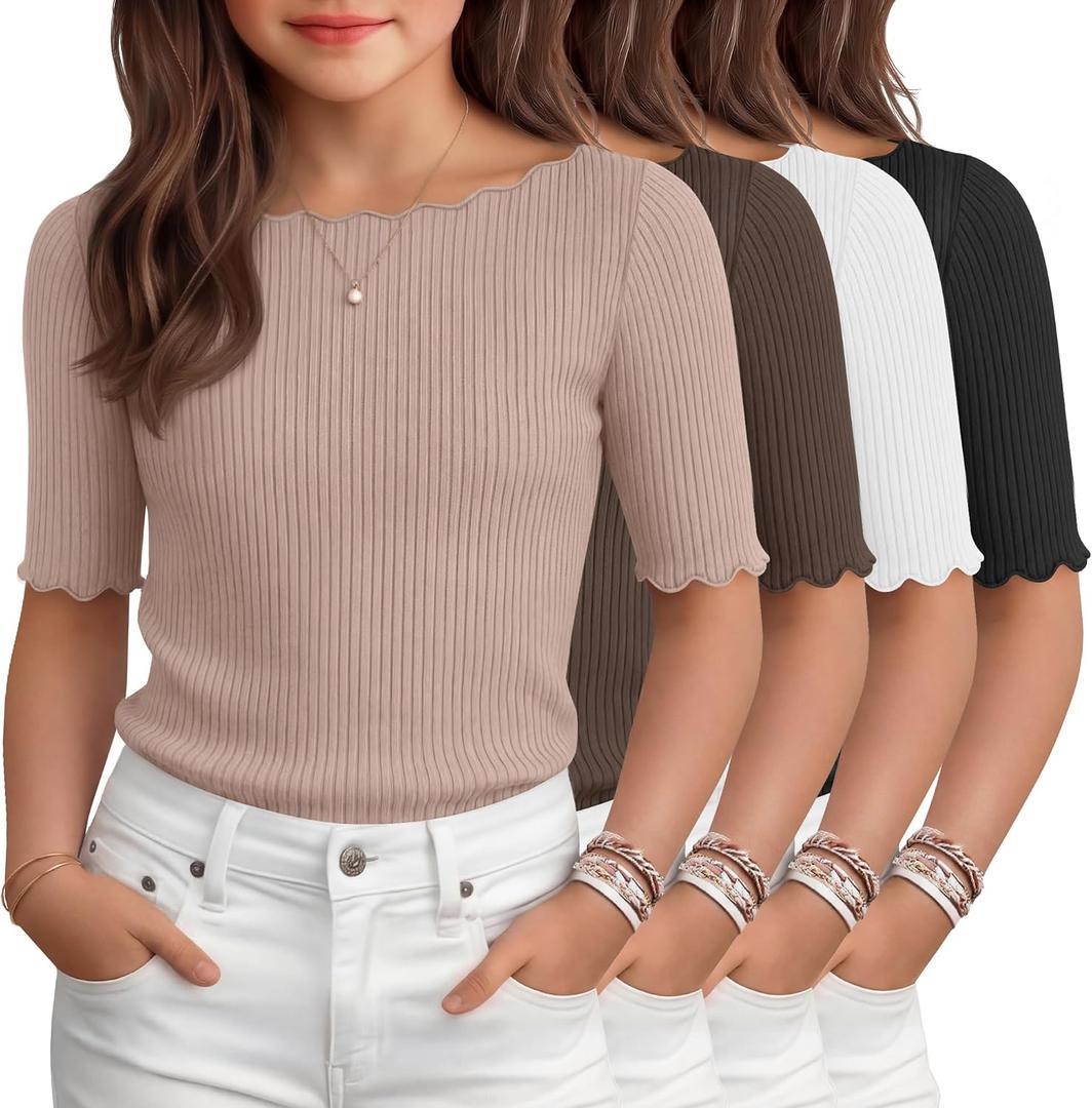 4 Pack Girl's Half Sleeve T Shirts Kids Ribbed Lettuce Trim Tops Boat Neck Fitted Summer Casual Tees, 5-16 Years