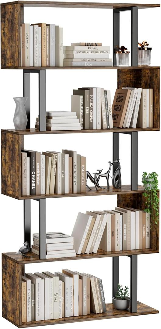 Gadroad 5-Tier Geometric Bookcase,S Shaped Bookshelf, Wood Decorative Storage Shelving, Modern Freestanding Display Shelves, Tall Book Shelf Unit for Living Room Bedroom, Rustic Brown, 27.56"W x 62"H