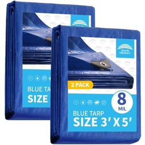 RAINDEWAY Small Tarps 3x5 Feet (2 Pack) 8 Mil, UV Resistant, Durable, Multipurpose Waterproof Poly Tarp Cover with Metal Grommets and Reinforced Edges,Blue Tarp