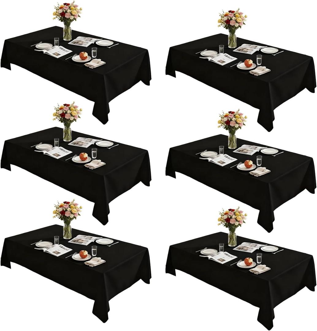 Rectangle Tablecloth 60" x 84", Black Washable Polyester Table Cloth, Wipeable Table Cover for Dining, Wedding, Birthday, Party, Banquet Decor, 6 Pack