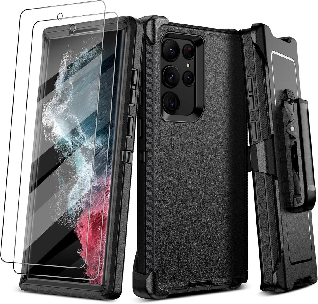 Pilaru for Samsung Galaxy S22 Ultra Case with Belt Clip Holster:16FT Military Grade Drop ProtectionCase+ Belt Clip Holster Heavy Duty/Shockproof Rugged with Screen Protector for S22 Ultra-Black