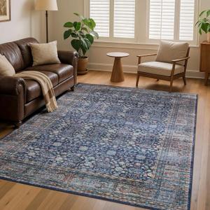 4x6 Vintage Area Rug for Bedroom Living Room, Washable Non Slip Indoor Rug, Thin Throw Floral Floor Low Pile Distressed Carpet for Bathroom Kitchen Laundry Office Blue/Green/Multi