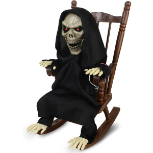 HugOutdoor Animated Halloween Decorations,Rocking Chair Skeleton Death Halloween Animatronics,Screaming Sound Glowing Red Eyes,Sound Activated,Scary Halloween Decor Outdoor Indoor