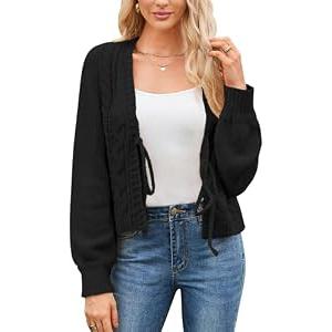 Honwenle Women's Cardigan Sweaters Sprint Oversized Open Front Tie Long Sleeve Short Cardigans Knit Outerwear Fall Outfits Black, L