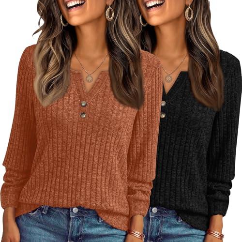 KILISU Long Sleeve Shirts for Women V Neck Lightweight Sweaters Fall Tops Tunic Cute Casual Loose Fashion Clothes 2025. M