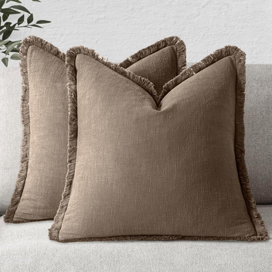 MIULEE Decorative Throw Pillow Covers Neutral Linen Fringe Throw Pillows Set of 2 Cocoa Brown Boho Farmhouse Cushion Covers for Couch Sofa Bed Living Room Spring Home Decor 18x18 Inch