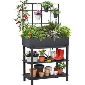 Metal Raised Garden Bed with Trellis & 2-Tier Storage Shelf, Elevated Planter Box with Legs -Includes 3 Flower Pots, Outdoor Vertical Garden for Vegetables Herbs Climbing Plants Patio Balcony, 37 Inches X 12 Inches X 62 Inches