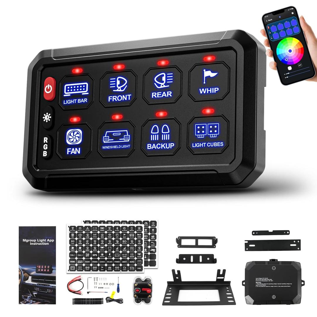 SUPAREE 8 Gang Bluetooth RGB Switch Panel,Toggle Momentary Flash Strobe Memory Function Auxiliary Switch Panel,Waterproof Circuit Control Relay System Box Universal for Truck ATV SUV UTV Boat