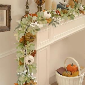 Joyhalo Fall Leaf Garland for Mantle Decor, 6ft Greenery Lambs Ear Leaves Garland with Pumpkins for Table, Mantle, Fireplace, Autumn and Thanksgiving Decorations