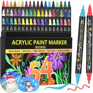 54-Color Acrylic Paint Pens - Dual Tip Paint Markers With Fine & Brush Tips, Premium for Stone, Canvas, Rock Painting, DIY Craft Art Supplies, Glass