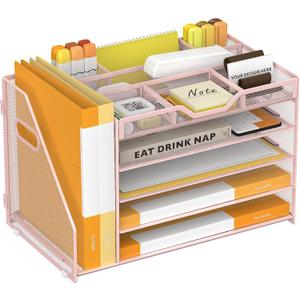 5 Tier Paper Letter Tray Desk Organizer with Pen Holders - Pink | Features 3 pen holders and 4 removable dividers.Versatile mesh desktop storage for mail, document,office supplie