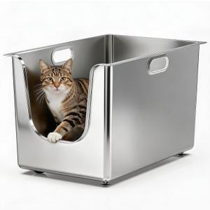 Stainless Steel Cat Litter Box with Wheels, High Side Metal Pan (22.5"x14.5"x12")