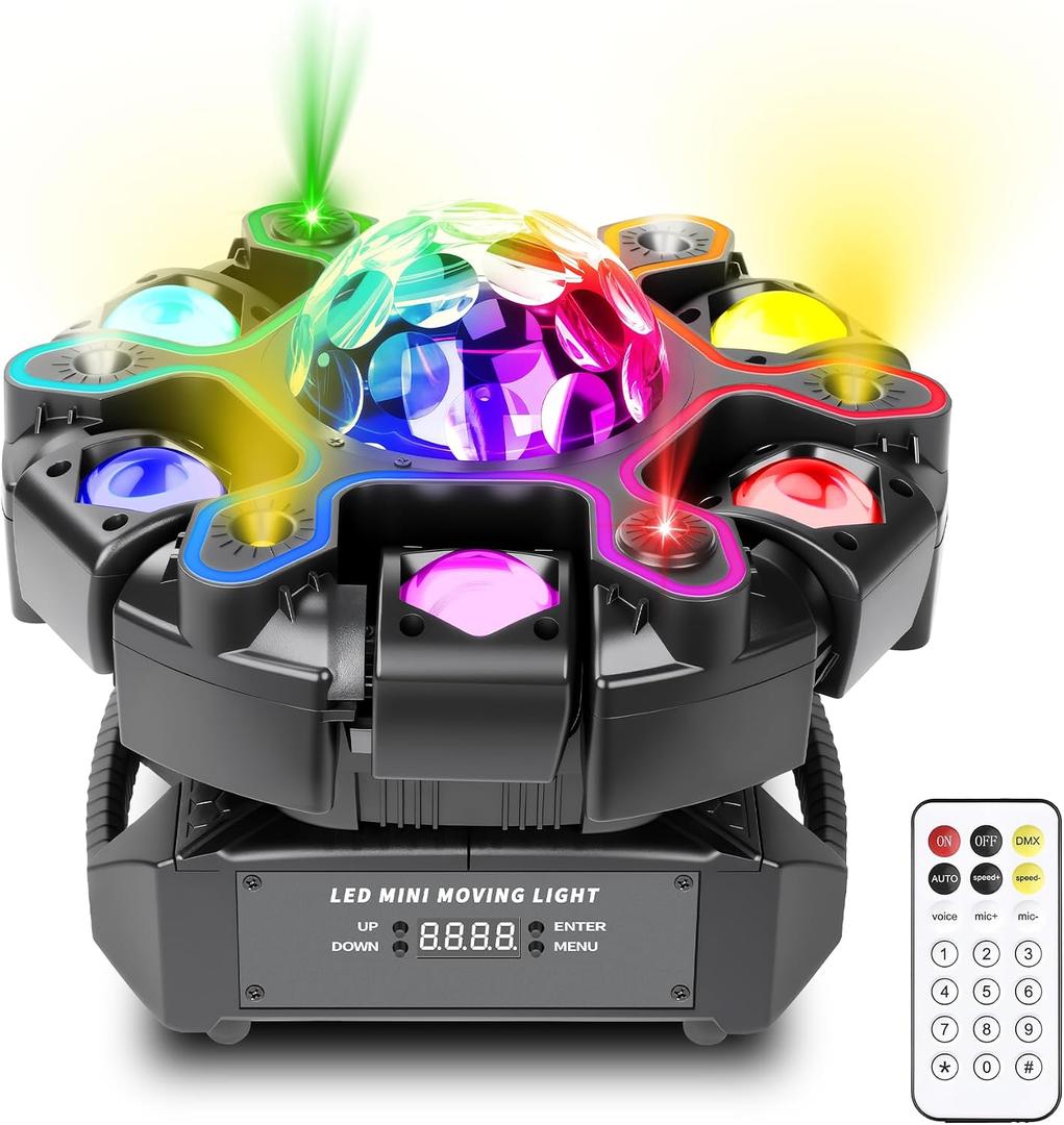 Moving Head DJ Lights, 5in1 Stage Effect Light with 6-Arm LED Beam, Disco Ball, Starry Projection, Strobe, Colorful Light Strip, Support DMX-512 & Remote for Party DJs Gig Bar Club Wedding