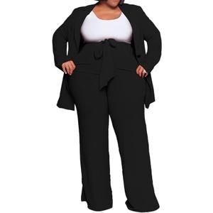 IyMoo Plus Size Suits for Women Business Open Front Long Sleeve Blazer Elastic Waist Solid Straight Leg Pant Set Suits (XX-Large Plus, Black)
