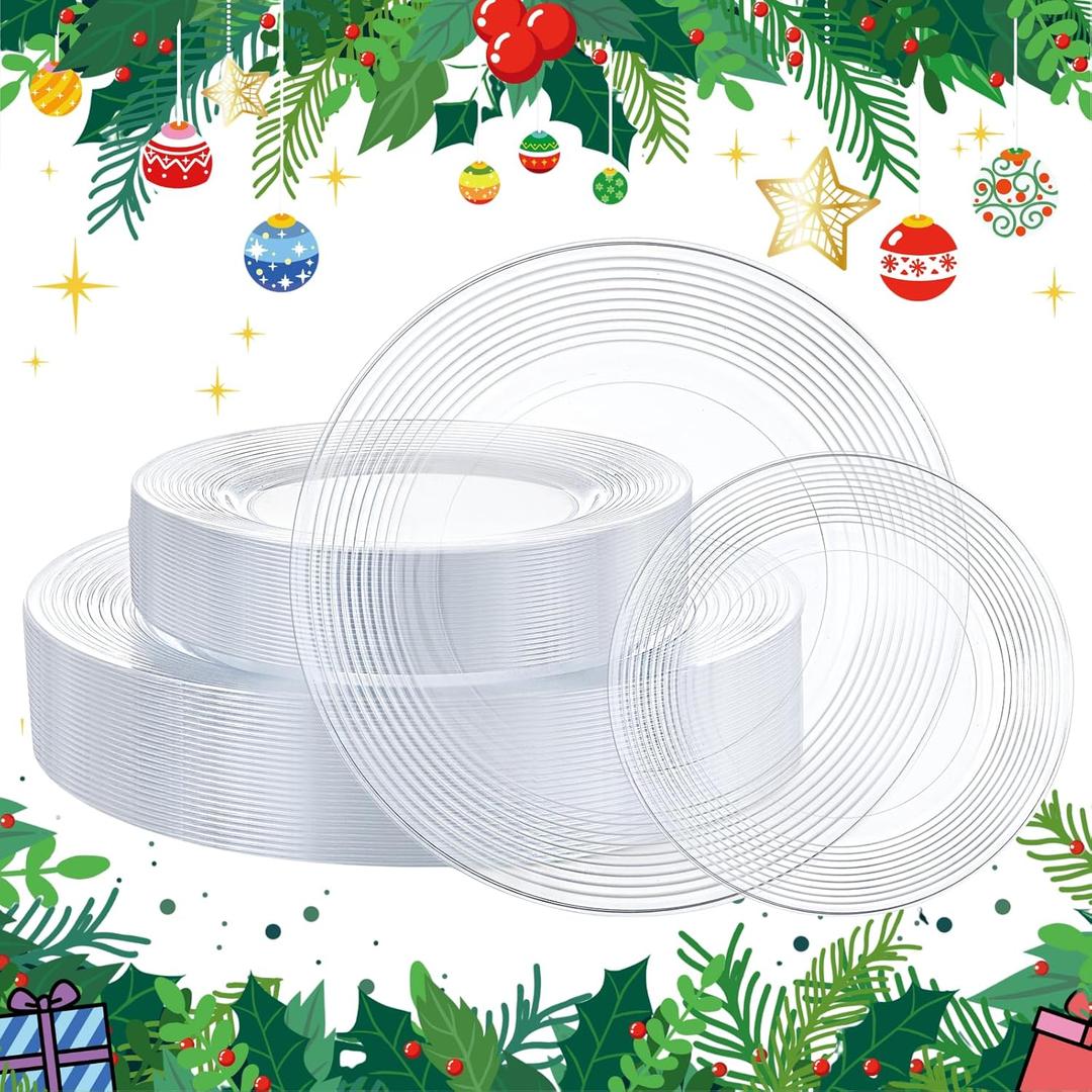 FLOWERCAT 100PCS Clear Plastic Plates - Heavy Duty Plastic Plates Disposable -Straw hat plate for Christmas party &Wedding & New Year - Serve for 50guests party(10inch & 7inch)(Clear)