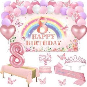 8th Birthday Decorations for Girls, 47pcs Pink Flower Rainbow Banner, Tablecloth, Butterfly Decor, 8th Birthday Sash and Tiara, Cake Topper, Candles, Balloons Arch