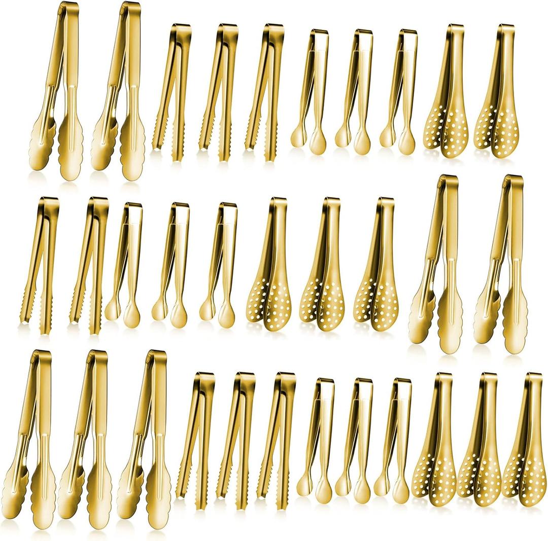 Mumufy 32 Pcs Mini Serving Tongs Buffet Serving Utensils Stainless Steel Small Tongs Catering Kitchen for Appetizer Tea Party Coffee Bar Food Ice Salad Barbecue Cookies Sugar, 4 Styles(Gold)