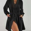 Bsubseach Swimsuit Coverup for Women V Neck Bathing Suit Cover Up with Pocket Drawstring Button Down Beach Shirt Dresses (Black) XXL