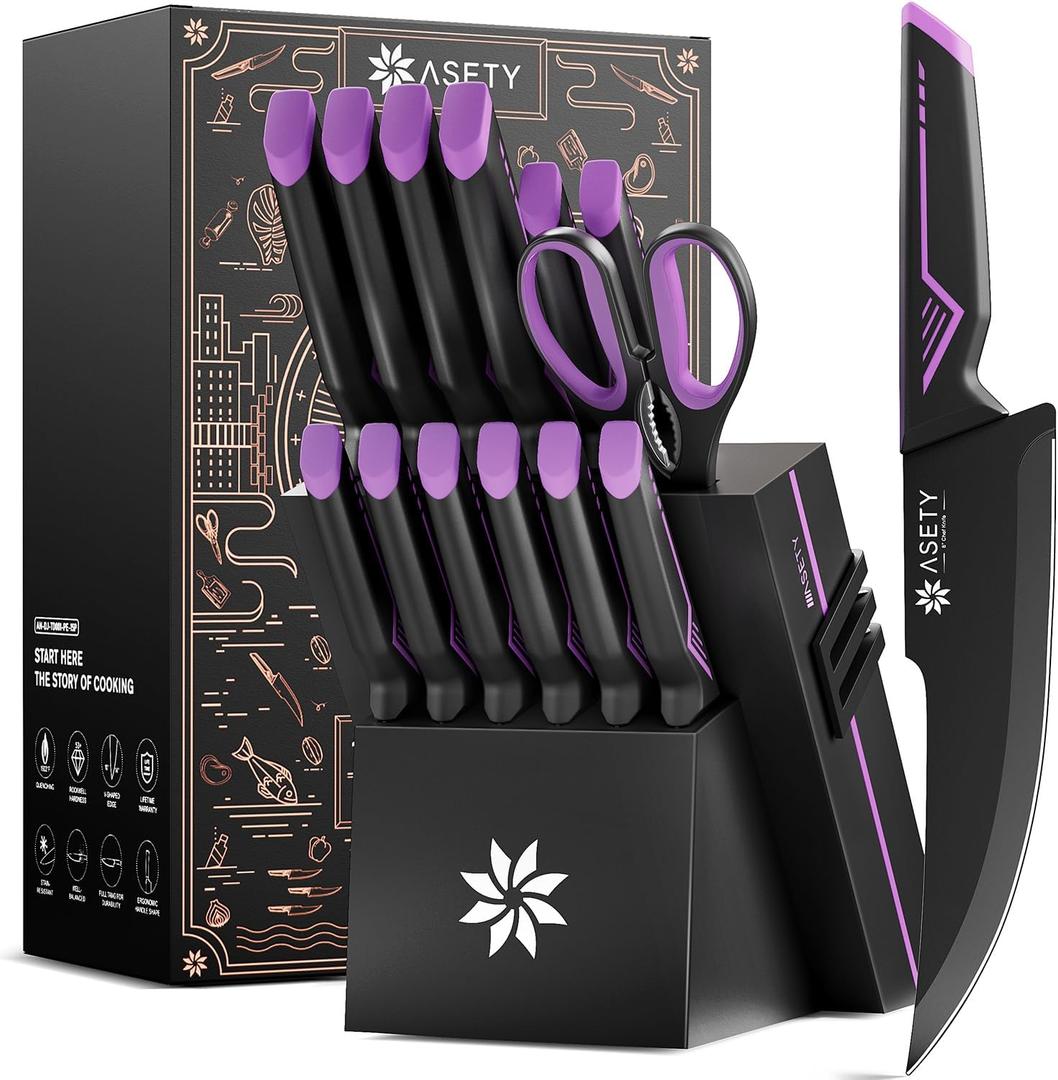 Knife Set - 15 PCS Kitchen Knife Set with Built-in Knife Sharpener Block - Stainless Steel Knife Block Set - Dishwasher Safe, Elegant Box for Men Women, Mothers Day
