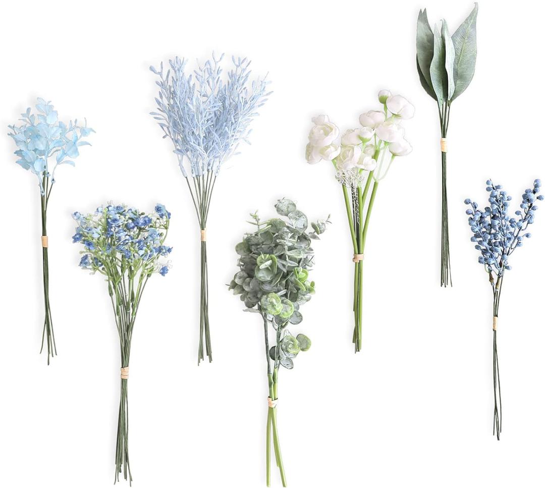 Lookein Artificial Greenery Filler Stems in Bulk 53pcs with 8 Kinds Tall Greenery Stems for Blue Wedding Decor Centerpiece Filler Wedding Bouquet Filler Bridal Bouquet DIY, French Dusty Blue