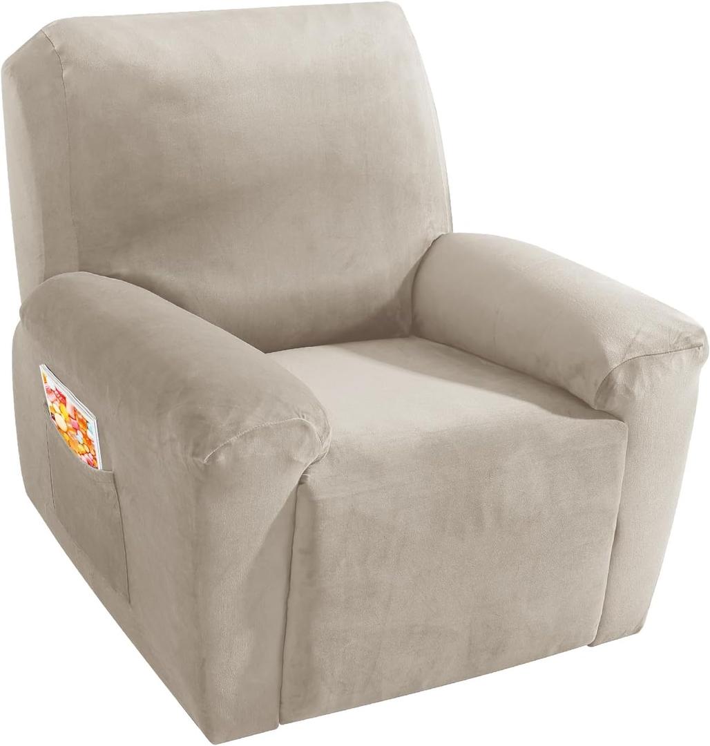 MAXIJIN Velvet 4 Piece Recliner Cover Stretch Plush Soft Recliner Chair Covers Thick Soft Reclining Chair Slipcovers Furniture Protector with Side Pocket for Kids, Pets (Khaki)