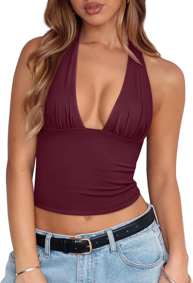 REORIA Women's Halter Tops Plunge Neck Backless Double Lined Sexy Going Out Crop Tops Summer Outfits 2026 XL