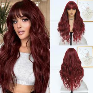 Burgundy Wig for Women, Long Red Wavy Wig with Bangs 26 Inch Wigs Natural Looking Heat Resistant Synthetic Wig for Daily Party Use