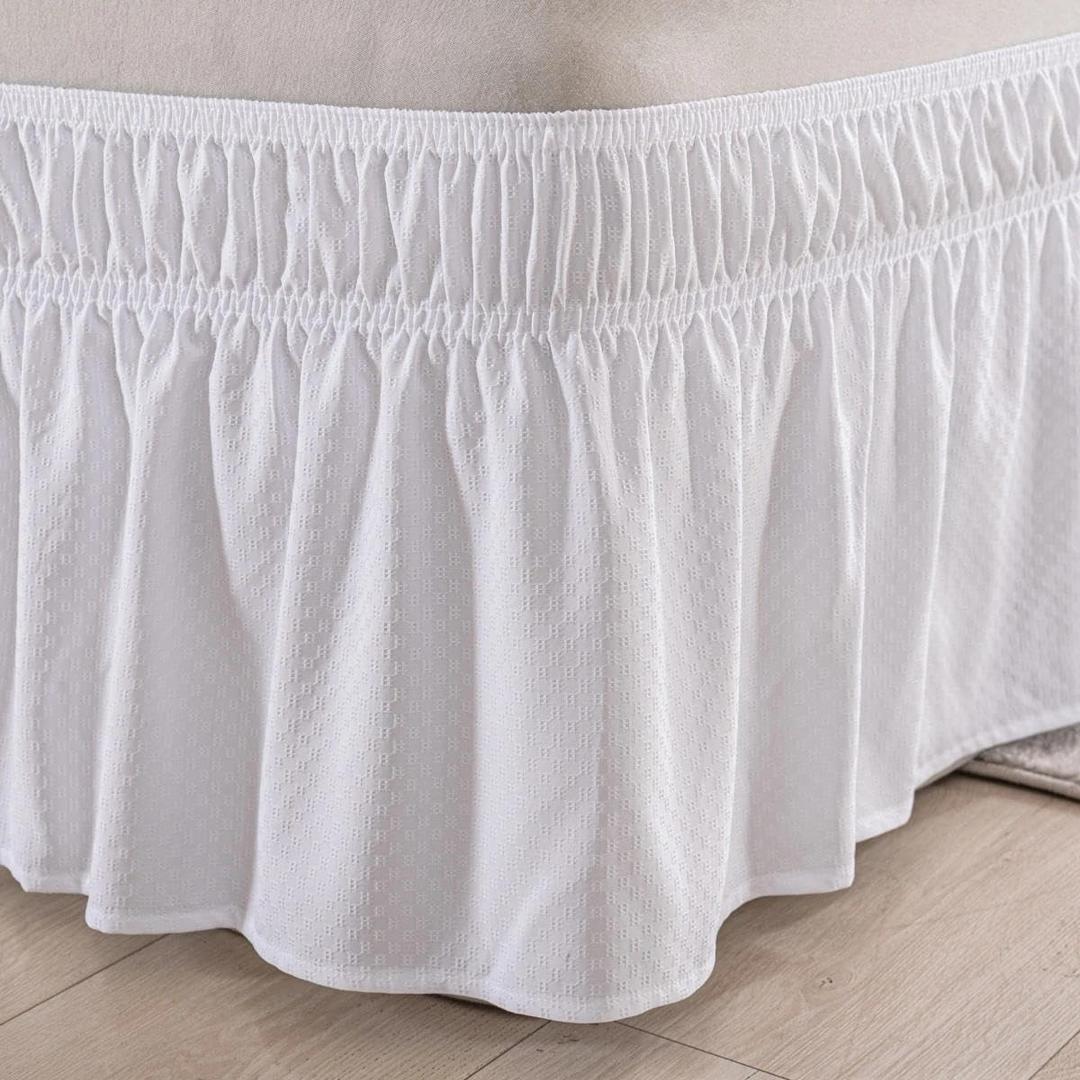 Wrap Around Bed Skirt - White King Size Bed Skirt with 12 Inch Drop, Adjustable Elastic Dust Ruffles Easy Fit, King Bed Skirts with Jacquard Texture, Easy Install