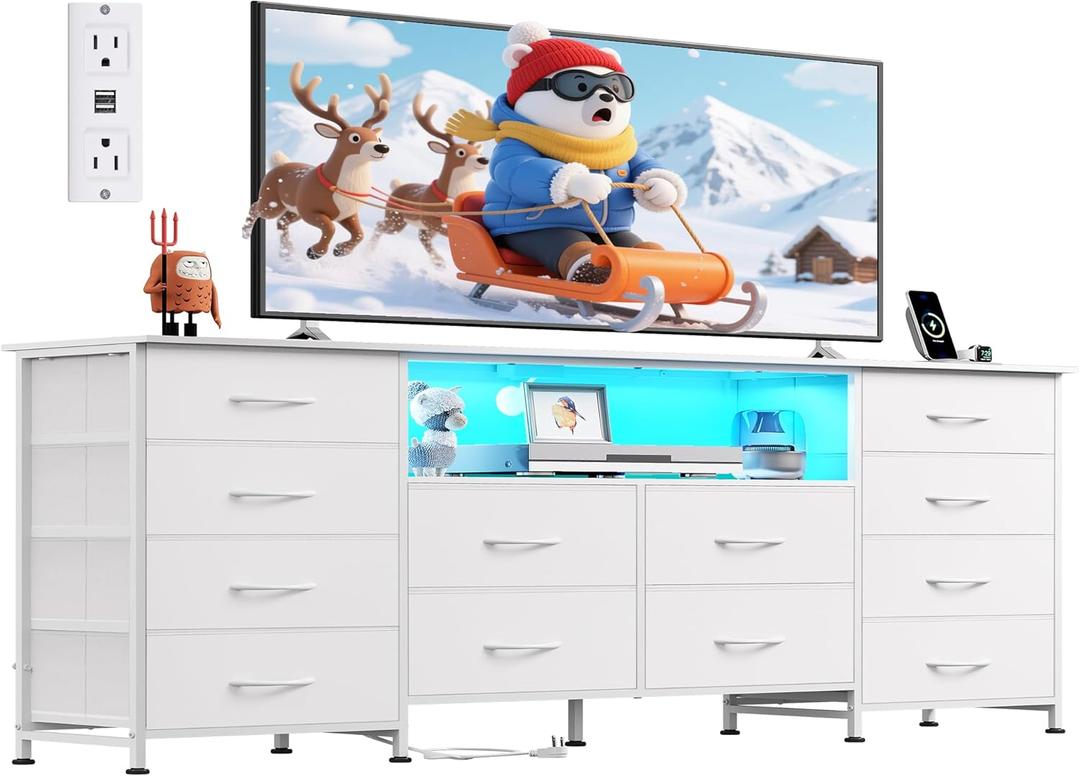 WLIVE White Dresser for Bedroom, Dresser TV Stand for 65, 70, 75 inch TV with Led Lights & Charging Station, Fabric Chest of Drawers with Open Shelves, 12 Drawer Dressers for Closet, Living Room