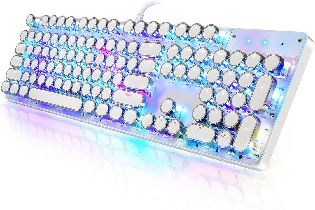 YSCP Typewriter Style Mechanical Gaming Keyboard RGB Backlit Wired with Blue Switch Retro Round Keycap 104 Keys Keyboard (White 104 Keys RGB)
