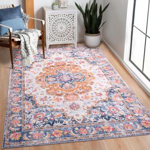 Area Rugs 5x7 Machine Washable Non-Slip, Vintage Distressed Floral Print Rug for Living Room, Ultra Soft Low Pile Carpet for Bedroom, Dining Room, Kitchen, Blue