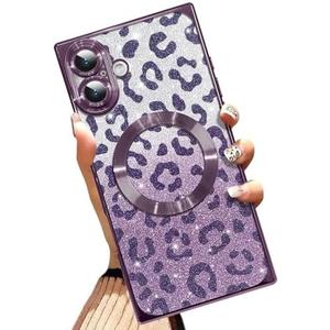AIGOMARA Phone Case for iPhone 16 [Compatible with MagSafe] Leopard Print Design Glitter Bling Case Shockproof Scratch-Resistant Soft TPU Cover for Women - Purple