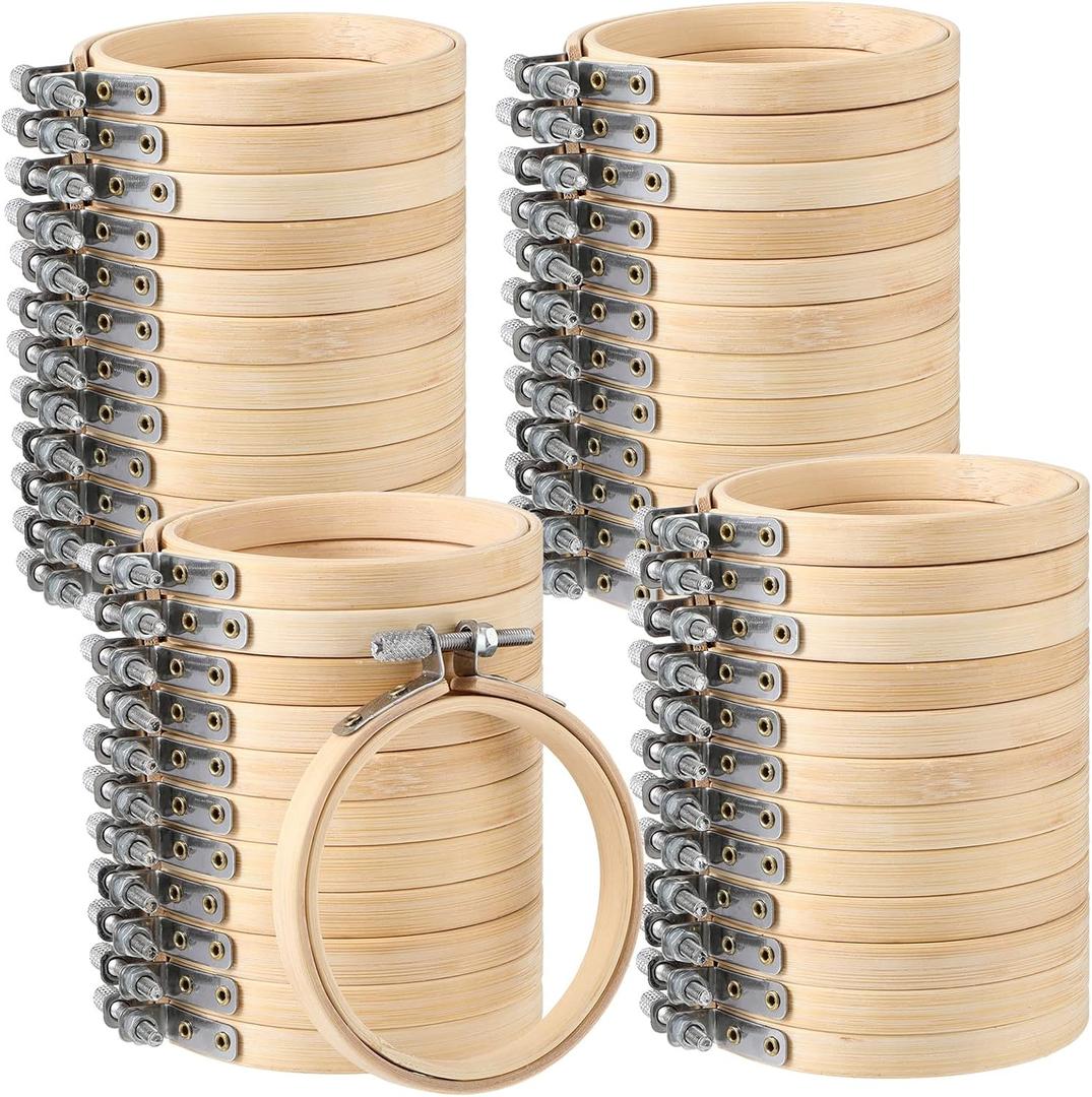 Hoteam 48 Pcs Small Embroidery Hoop Bulk Tiny Wooden Round Bamboo Sewing Circle Cross Stitch Embroidery Hoop for Craft Art Handy Sewing Home Ornaments Christmas Decoration (4 Inch)