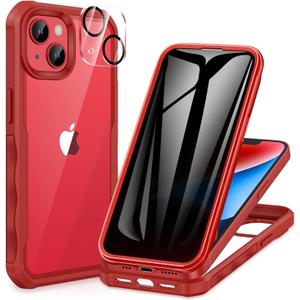 CENHUFO Privacy for iPhone 14 Plus Case, Full Body Phone Case with Built-in 9H Tempered Glass Privacy Screen Protector and Camera Lens Protector, Anti Peep Spy Shockproof Bumper Clear Cover - Red