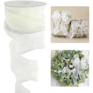 HUIHUANG Sheer Wired Ribbon 2.5 inch White Pearl Edges Wire Ribbon for Gift Wrapping, Bows Making, Wreaths Decor, Wedding Bridal Shower Decor- Continuous 10 Yards (Ivory)