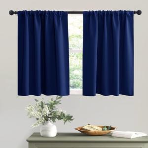 RYB HOME Short Marine Blue Blackout Curtains for Small Bedroom Window, Insulating UV Blocking Drapes for Kitchen Cafe Basement, Privacy Tiers for Bathroom Window, Width 42 by Length 36, Set of 2