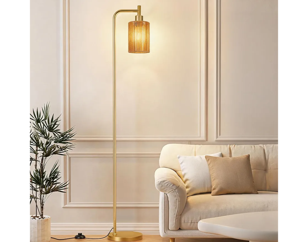 Floor Lamps for Living Room - Modern Standing Lamp with Rattan Shade, Gold Floor Lamp with LED Bulb, Farmhouse Tall Lamp for Bedroom Office, Gold