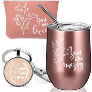 Tessco for you 3 Pcs Employee Appreciation Gifts for Women Inspirational 12 oz Tumbler Enough Keychain Makeup Bag Thank You Gift for Nurse Teacher(Pink,Boho)
